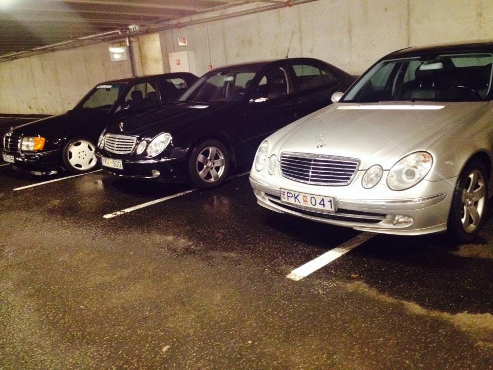 A picture of lined up cars from an Icelandic Mercedes Benz meet up