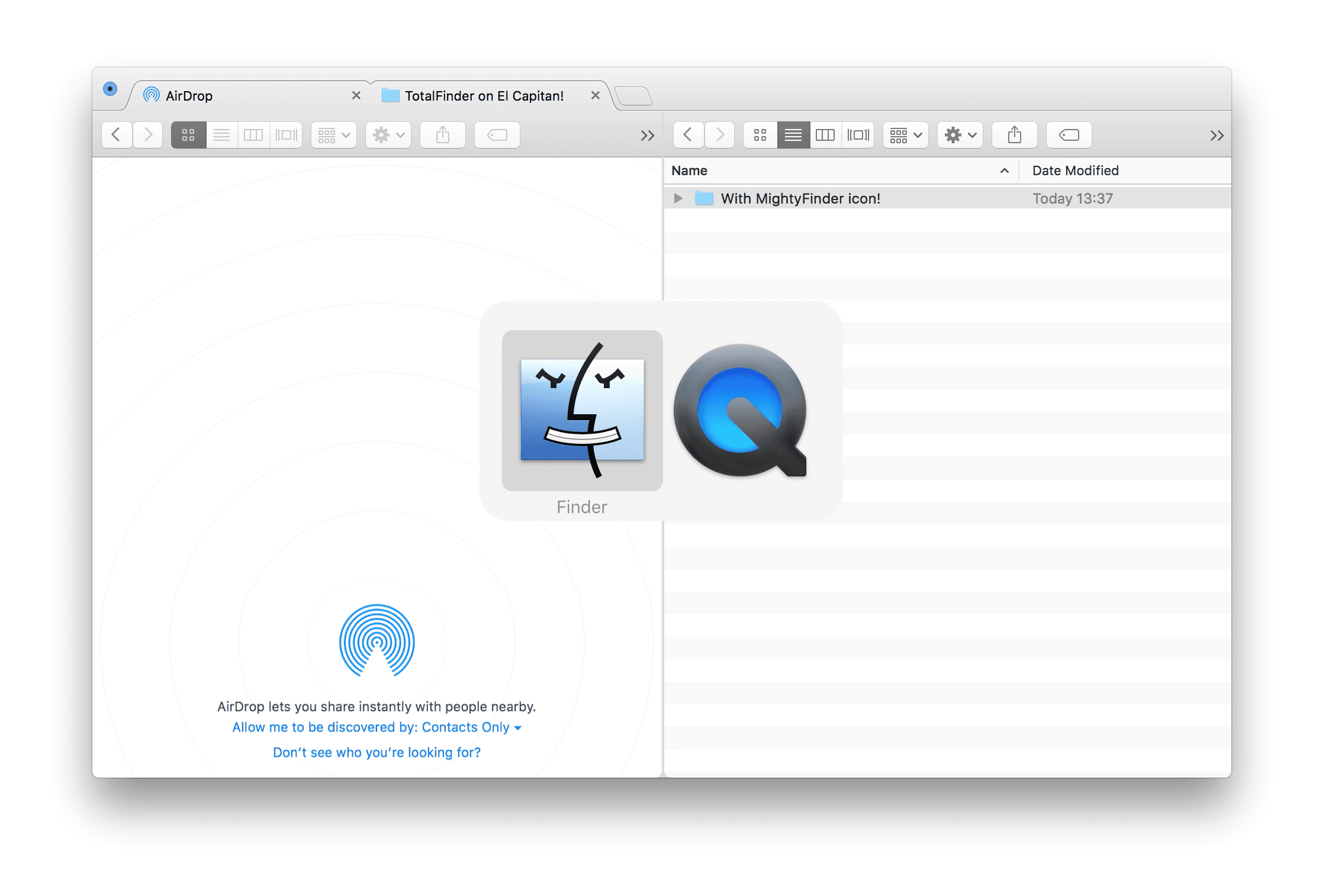 TotalFinder working on El Capitan with MightyFinder icon