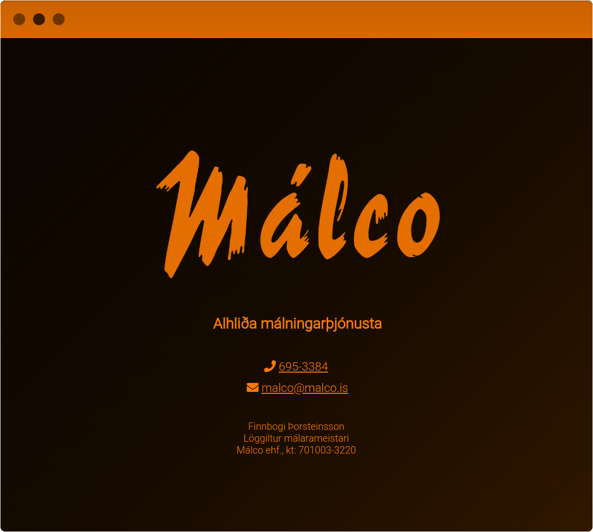 Screenshot from malco.is, a simple site with contact details