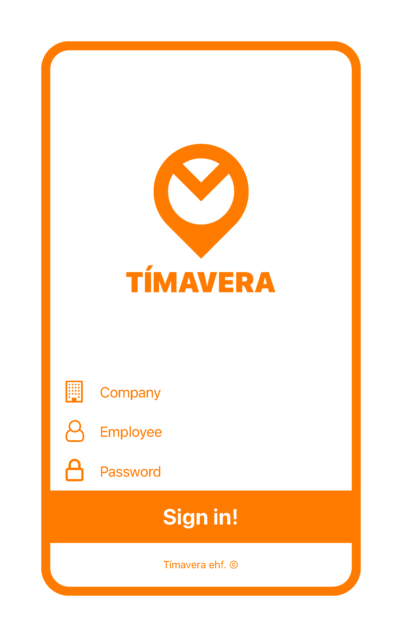 Tímavera mobile app on the login screen. Inputs: company, employee name, and password.