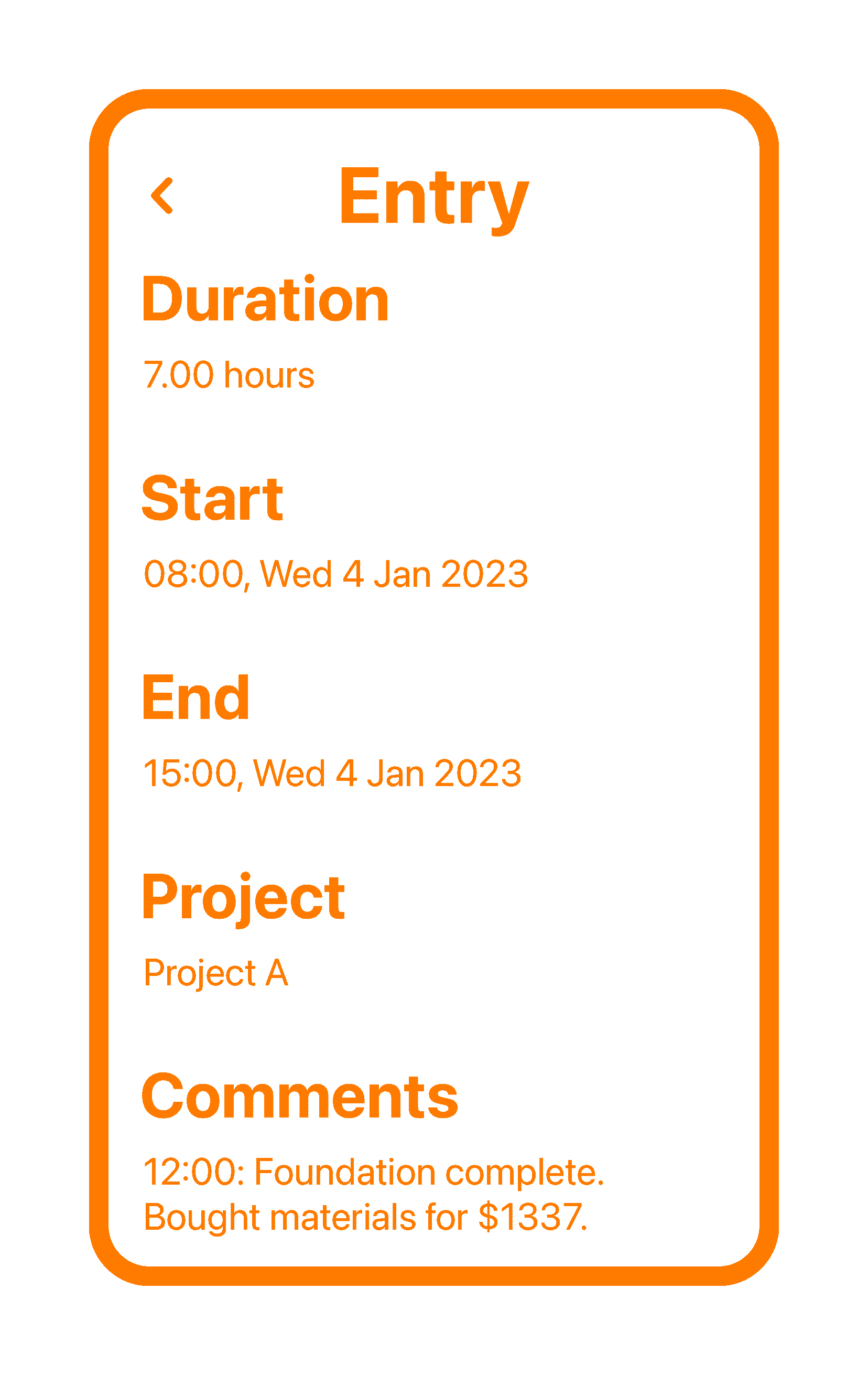 Tímavera mobile app screen showing a detail screen for a single time entry. Duration: 7.00 hours. Start: 08:00 Wed 4 Jan 2023. End: 15:00, Wed 4 Jan 2023. Project: Project A. Comment: 12:00, Foundation complete. Bought materials for $1337.