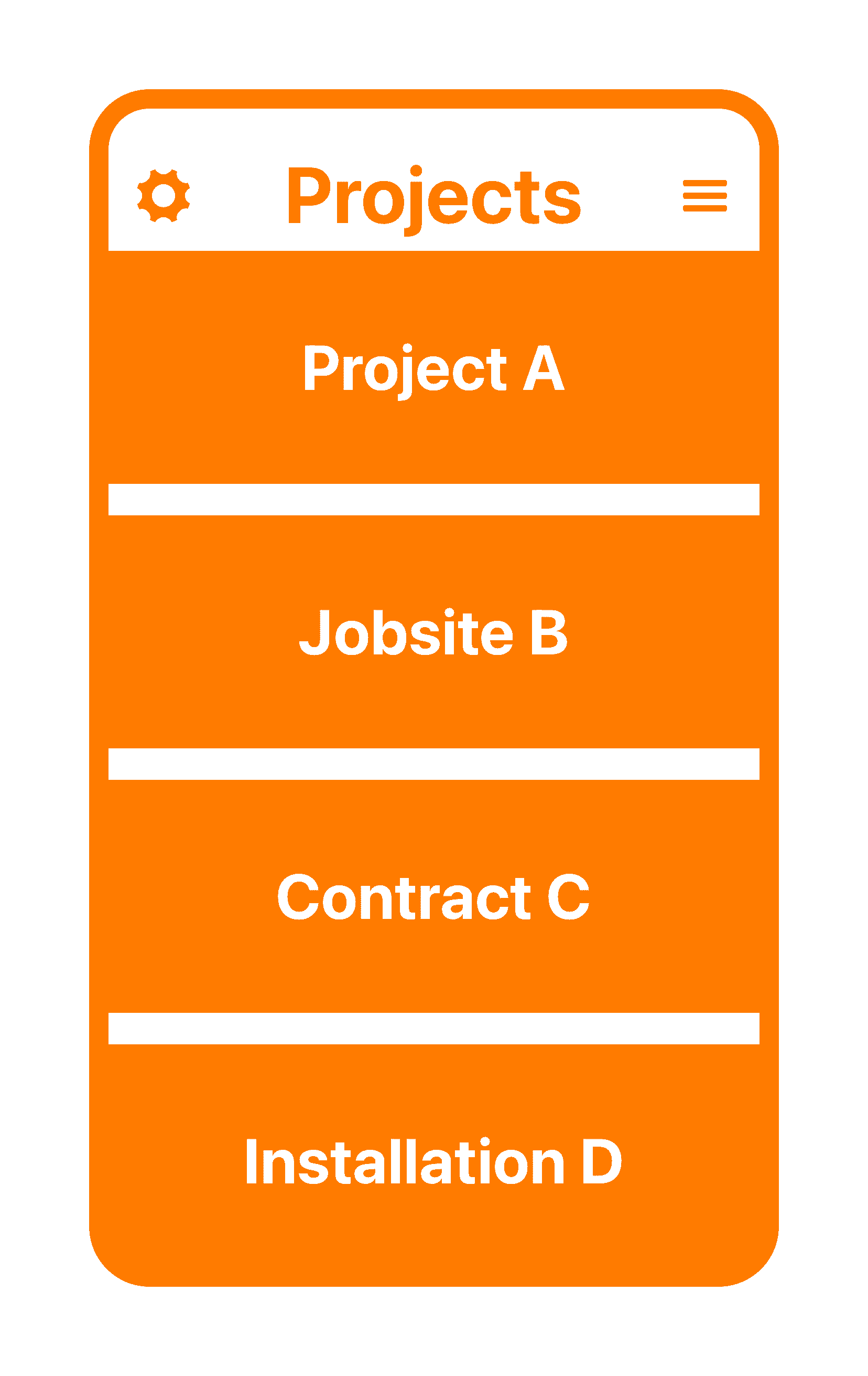 Tímavera mobile app on the projects screen. Shows buttons for Project A, Jobsite B, Contract C, and Installation D.